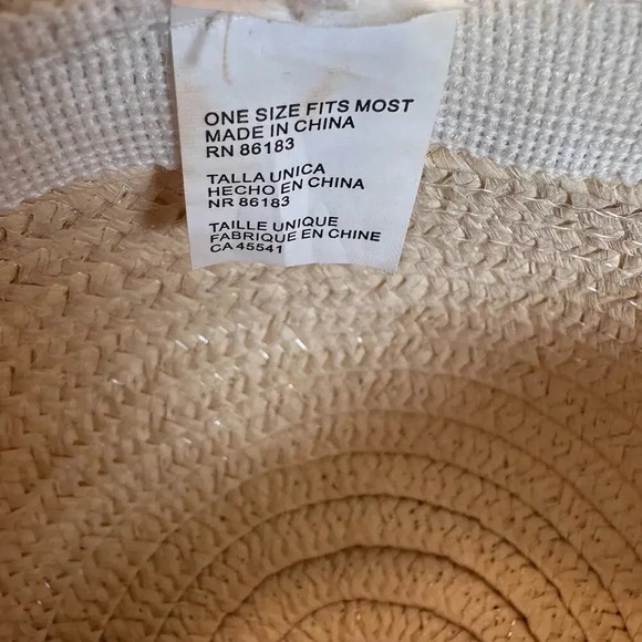 Tan wide rim floppy beach hat with navy & silver‎ ribbons - Picture 6 of 7